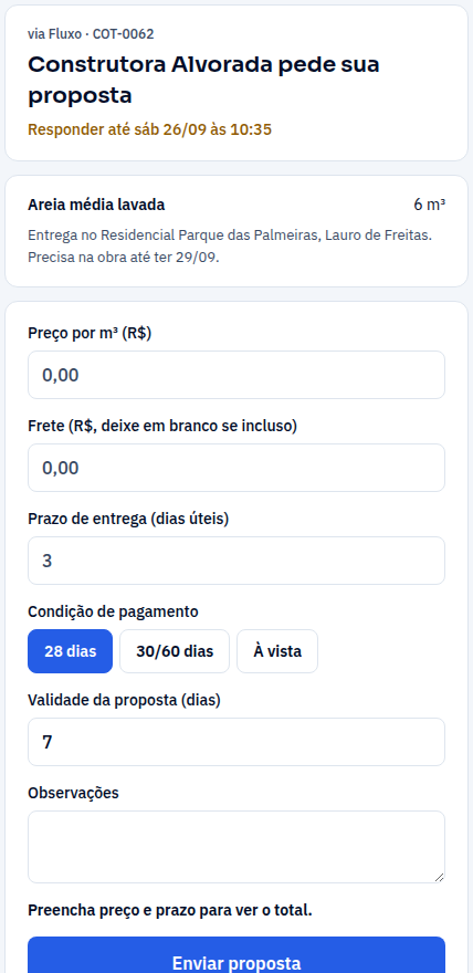 Página da cotação aberta no celular do fornecedor, sem login: a construtora pede proposta para 6 metros cúbicos de areia média lavada com entrega na obra; campos de preço por metro cúbico, frete, prazo de entrega, condição de pagamento, validade e observações, e o botão Enviar proposta.