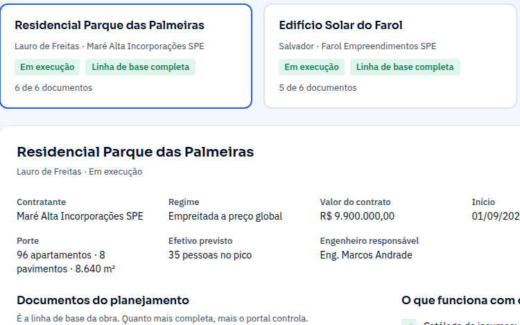 Tela Obras: cartões das obras Residencial Parque das Palmeiras e Edifício Solar do Farol, ambas em execução com linha de base completa; abaixo, os dados da obra selecionada: contratante, regime de empreitada a preço global, valor do contrato, porte, efetivo previsto e engenheiro responsável.